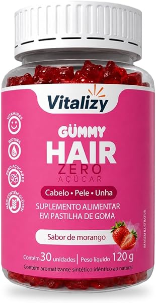 Gummy Hair Vitalizy Vitaminas Cabelos, Pele e Unhas com Biotina, 30 Gomas Sabor Morango Zero Açúcar