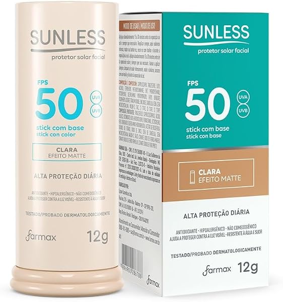 Sunless Protetor Solar Facial FPS 50 Bastão 12 g Base Clara